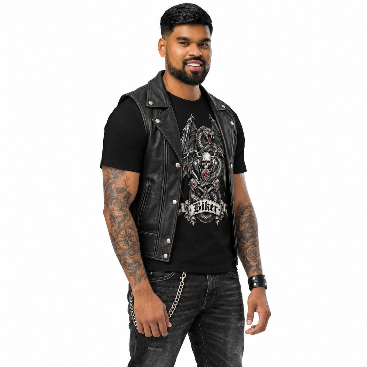 Biker-T-Shirt mit Schlange, Totenkopf und Flügeln Mittelschweres Unisex Bio-T-Shirt
