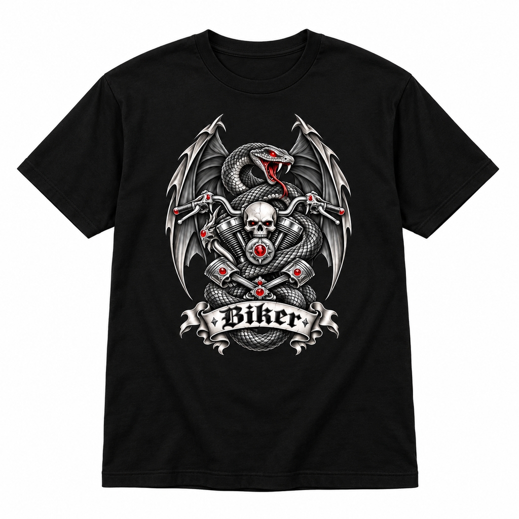 Biker-T-Shirt mit Schlange, Totenkopf und Flügeln Mittelschweres Unisex Bio-T-Shirt