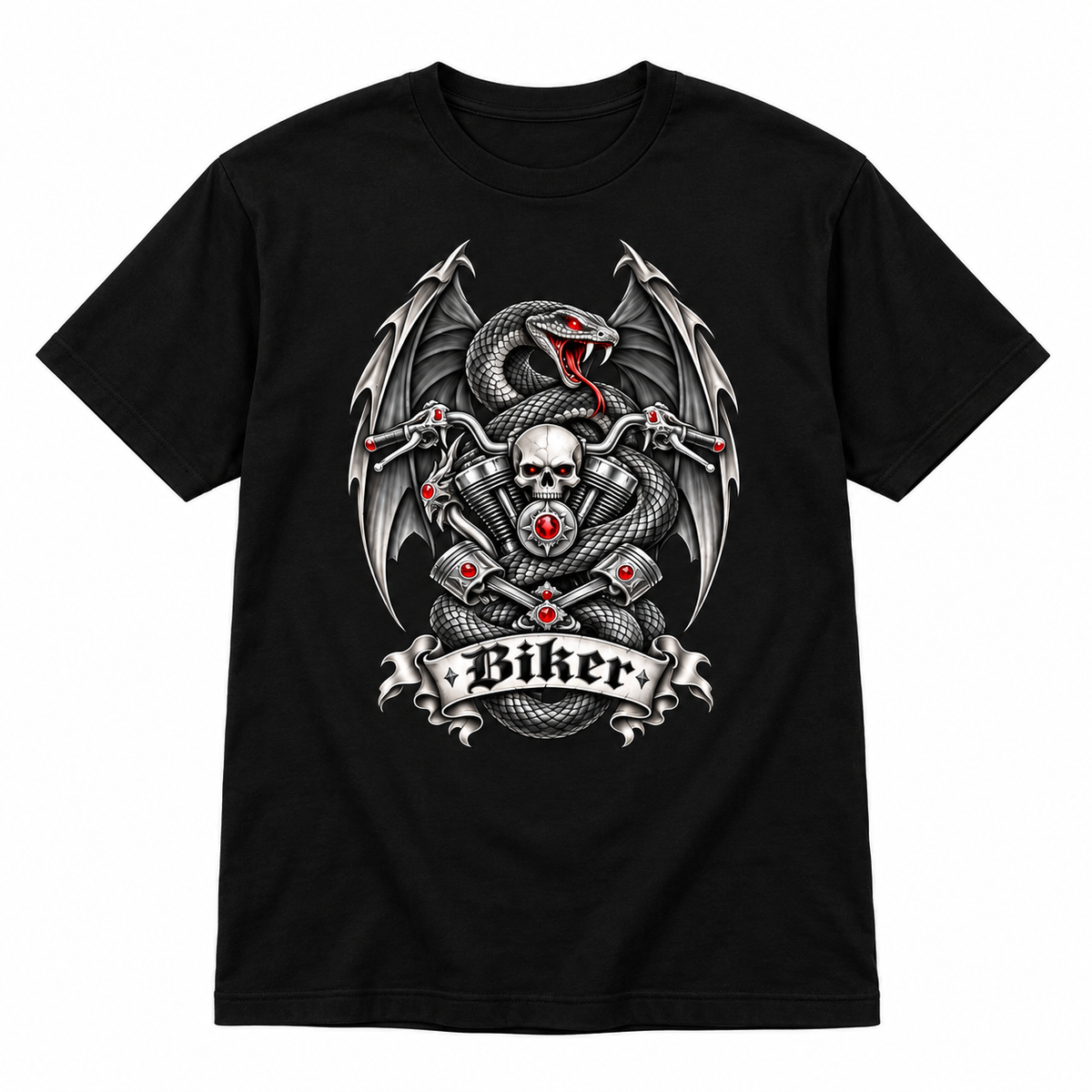 Biker-T-Shirt mit Schlange, Totenkopf und Flügeln Mittelschweres Unisex Bio-T-Shirt