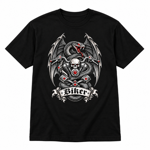 Biker-T-Shirt mit Schlange, Totenkopf und Flügeln Mittelschweres Unisex Bio-T-Shirt