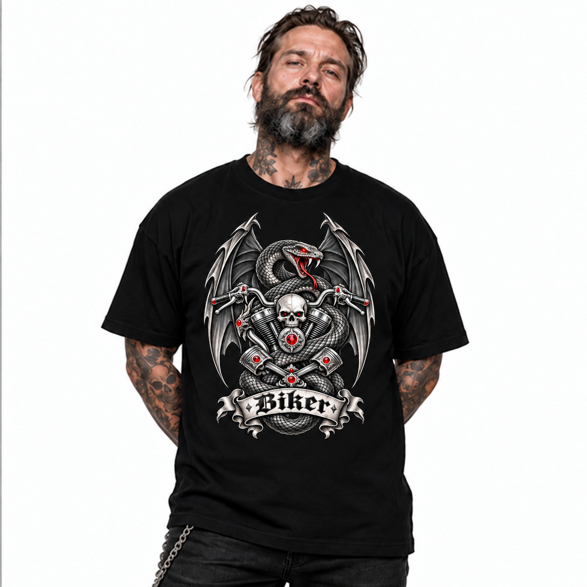 Biker-T-Shirt mit Schlange, Totenkopf und Flügeln Mittelschweres Unisex Bio-T-Shirt